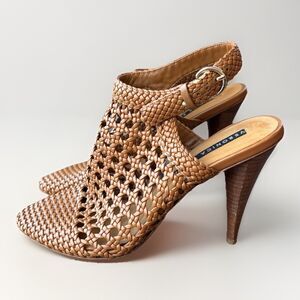 Veronica Beard Livia Basket Weave Closed Toe Heels Size 40 Tan Leather 9.5